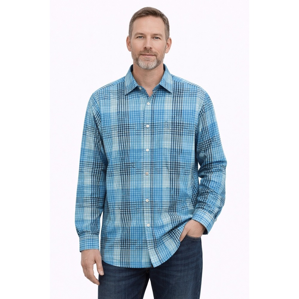 Alfani Button Down Shirt Mens XL‎ Blue Plaid Long Sleeve Cotton Casual Top